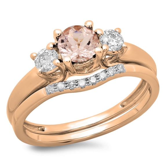 Dazzlingrock Collection 14K Round Cut Morganite & White Diamond Bridal 3 Stone Engagement Ring Band Set, Rose Gold, Size 8