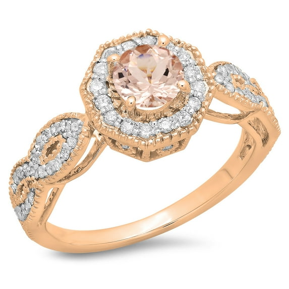 Dazzlingrock Collection 14K Round Cut Morganite & White Diamond Bridal Vintage Style Halo Engagement Ring, Rose Gold, Size 7.5