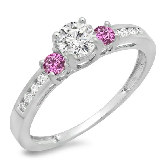 Dazzlingrock Collection 14K Round Cut Pink Sapphire & White Diamond Bridal 3 Stone Engagement Ring, White Gold, Size 5