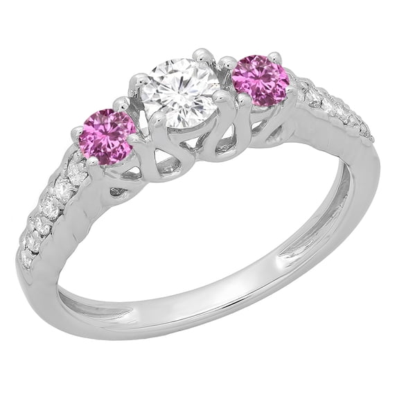 Dazzlingrock Collection 14K Round Cut Pink Sapphire & White Diamond Bridal 3 Stone Engagement Ring, White Gold, Size 6