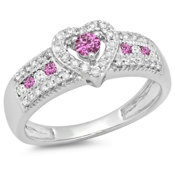 Dazzlingrock Collection 14K Round Cut Pink Sapphire & White Diamond Bridal Heart Promise Engagement Ring, White Gold, Size 9
