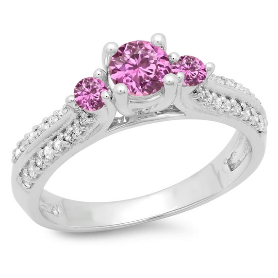 Dazzlingrock Collection 14K Round Cut Pink Sapphire & White Diamond Ladies Bridal 3 Stone Engagement Ring, White Gold, Size 5.5