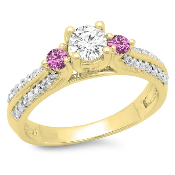 Dazzlingrock Collection 14K Round Cut Pink Sapphire & White Diamond Ladies Bridal 3 Stone Engagement Ring, Yellow Gold, Size 6
