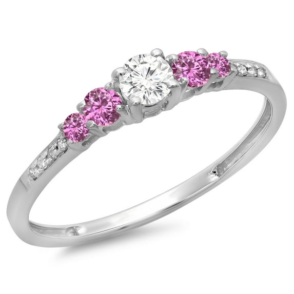 Dazzlingrock Collection 14K Round Cut Pink Sapphire & White Diamond Ladies Bridal 5 Stone Engagement Ring, White Gold, Size 6.5