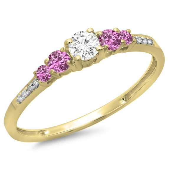 Dazzlingrock Collection 14K Round Cut Pink Sapphire & White Diamond Ladies Bridal 5 Stone Engagement Ring, Yellow Gold, Size 6
