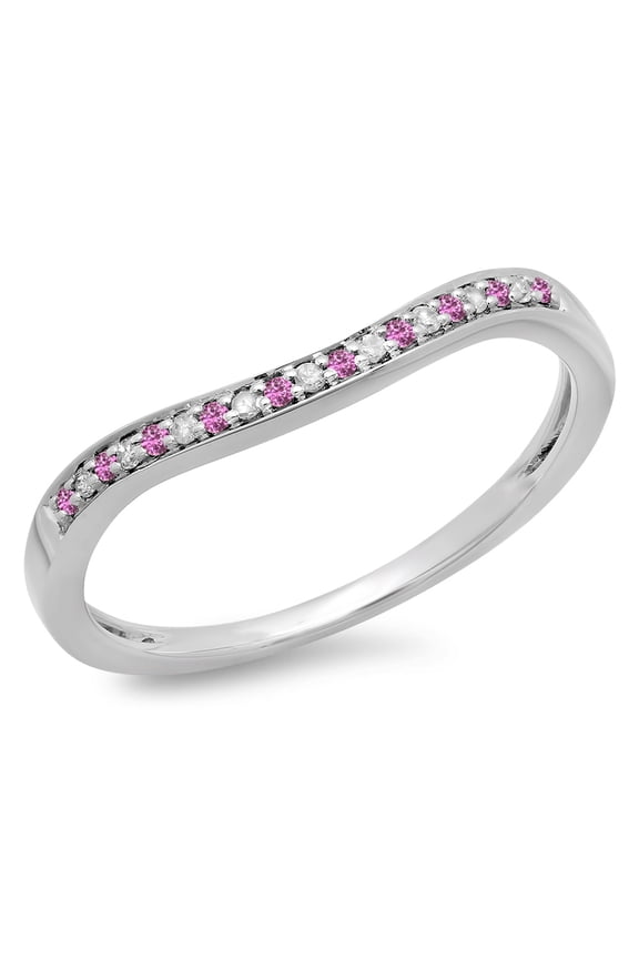 Collection 14K Round Cut Pink Sapphire & White Diamond Stackable Anniversary Wedding Band, White Gold, Size 10