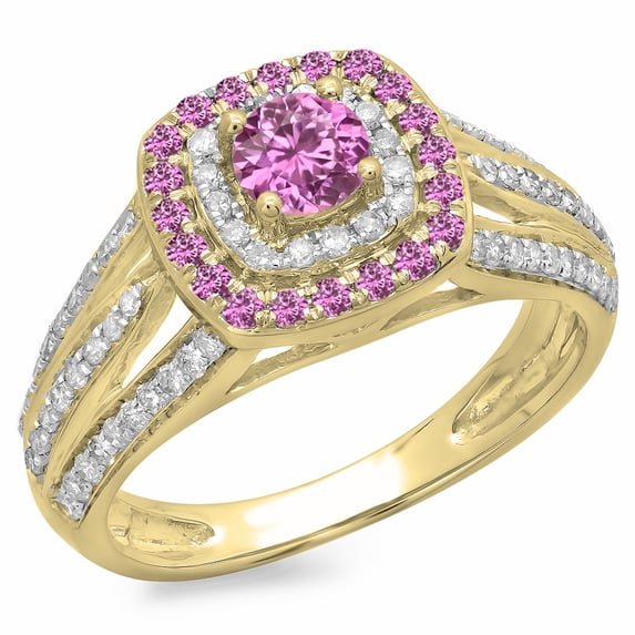 Dazzlingrock Collection 14K Round Cut Pink Sapphire & White Diamond Vintage Style Bridal Halo Ring, Yellow Gold, Size 5
