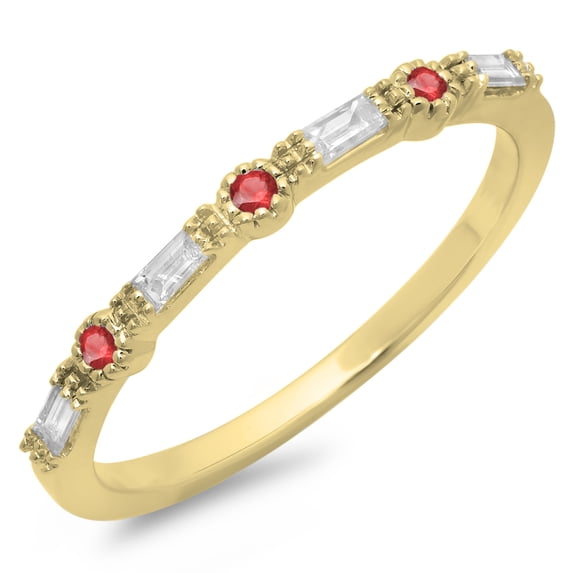 Dazzlingrock Collection 14K Round Cut Ruby & Baguette Cut White Diamond Ladies Anniversary Wedding Band, Yellow Gold, Size 8.5