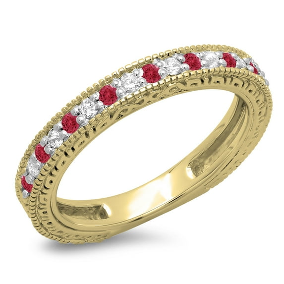 Dazzlingrock Collection 14K Round Cut Ruby Ladies Millgrain Anniversary Wedding Stackable Band, Yellow Gold, Size 6