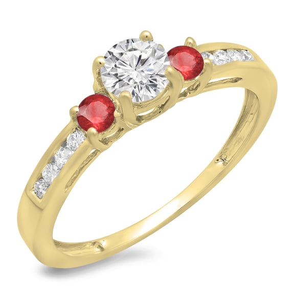 Dazzlingrock Collection 14K Round Cut Ruby & White Diamond Bridal 3 Stone Engagement Ring, Yellow Gold, Size 5.5