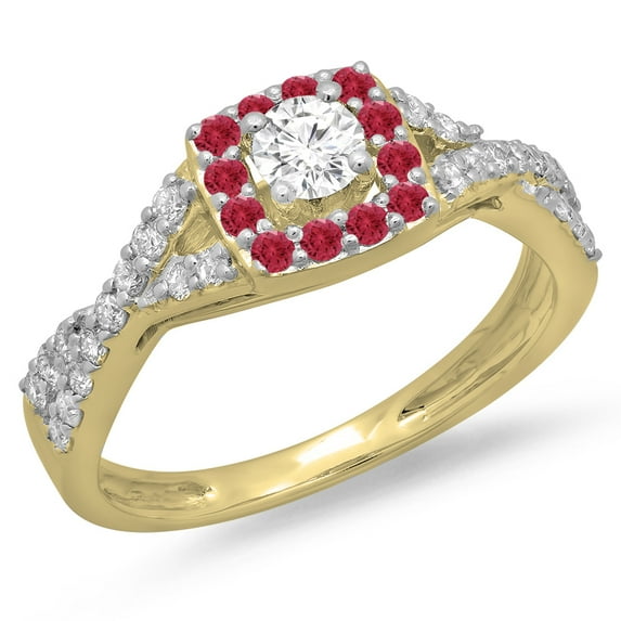 Dazzlingrock Collection 14K Round Cut Ruby & White Diamond Bridal Swirl Split Shank Engagement Ring, Yellow Gold, Size 5.5