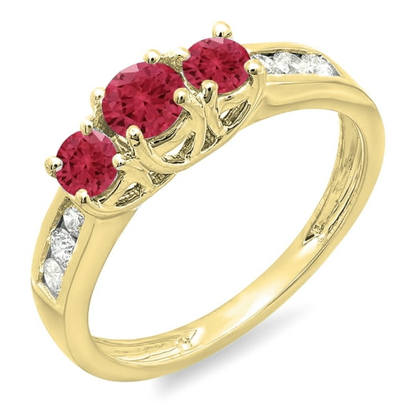 Dazzlingrock Collection 14K Round Cut Ruby & White Diamond Ladies 3 Stone Engagement Bridal Ring, Yellow Gold, Size 8.5