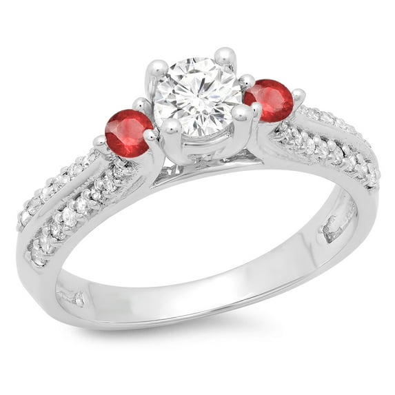 Dazzlingrock Collection 14K Round Cut Ruby & White Diamond Ladies Bridal 3 Stone Engagement Ring, White Gold, Size 5.5