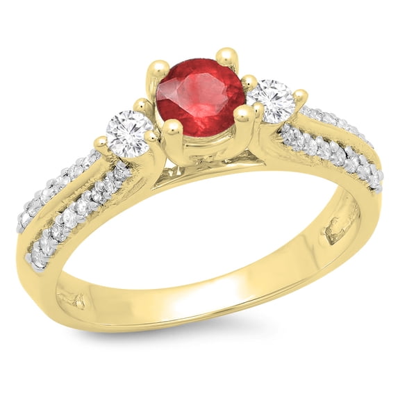 Dazzlingrock Collection 14K Round Cut Ruby & White Diamond Ladies Bridal 3 Stone Engagement Ring, Yellow Gold, Size 8.5