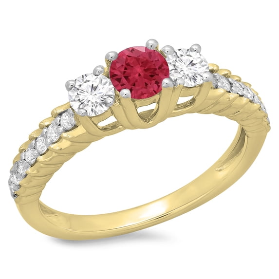 Dazzlingrock Collection 14K Round Cut Ruby & White Diamond Ladies Bridal 3 Stone Engagement Ring, Yellow Gold, Size 9