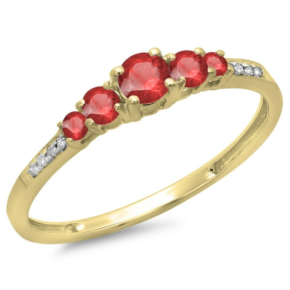 Dazzlingrock Collection 14K Round Cut Ruby & White Diamond Ladies Bridal 5 Stone Engagement Ring, Yellow Gold, Size 7.5