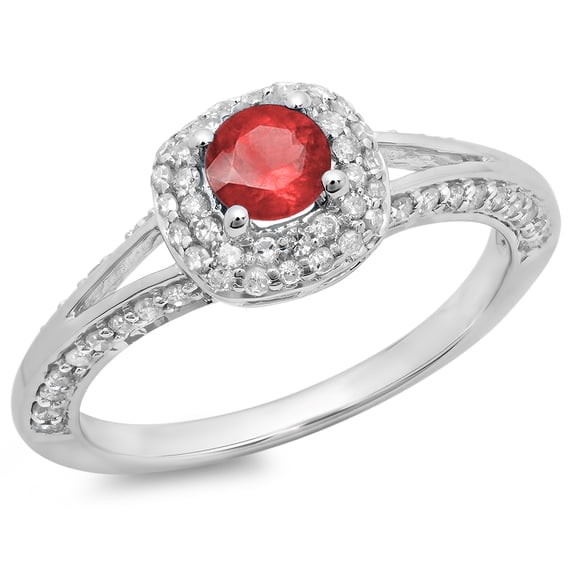 Dazzlingrock Collection 14K Round Cut Ruby & White Diamond Ladies Bridal Split Shank Halo Engagement Ring, White Gold, Size 10