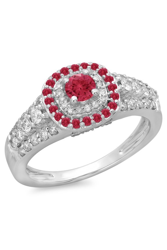 Collection 14K Round Cut Ruby & White Diamond Vintage Style Bridal Halo Engagement Ring, White Gold, Size 4.5