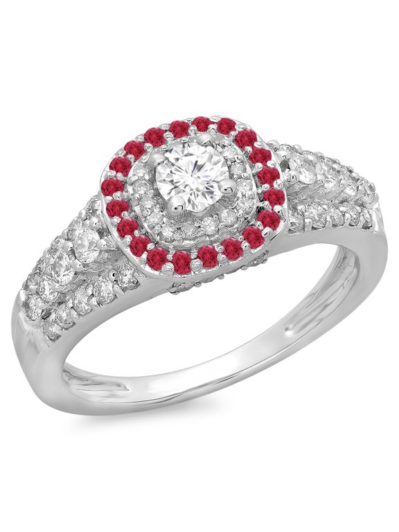 Collection 14K Round Cut Ruby & White Diamond Vintage Style Bridal Halo Engagement Ring, White Gold, Size 4