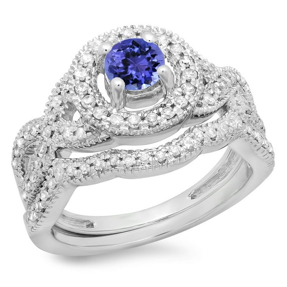 Dazzlingrock Collection 14K Round Cut Tanzanite & White Diamond Swirl Bridal Halo Engagement Ring Set, White Gold, Size 9.5