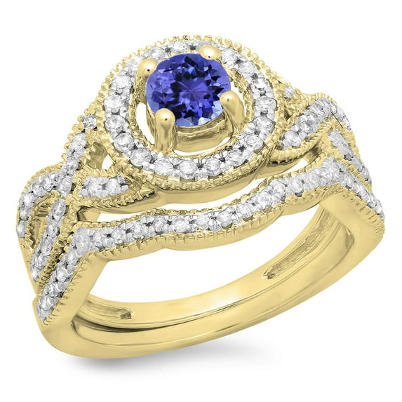 Dazzlingrock Collection 14K Round Cut Tanzanite & White Diamond Swirl Bridal Halo Engagement Ring Set, Yellow Gold, Size 6.5