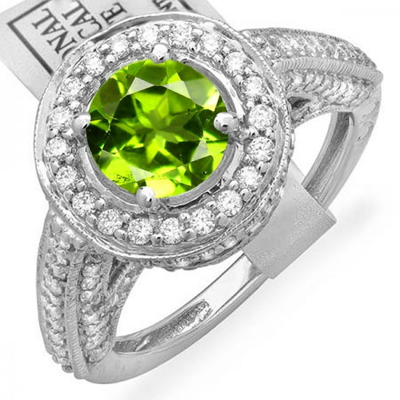 Dazzlingrock Collection 14K Round Green Peridot & White Diamond Vintage Halo Engagement Bridal Ring, White Gold, Size 5