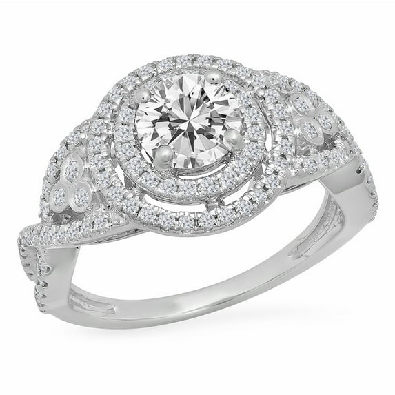 Dazzlingrock Collection 14K Round Moissanite & White Diamond Ladies Swirl Bridal Halo Engagement Ring, White Gold, Size 4