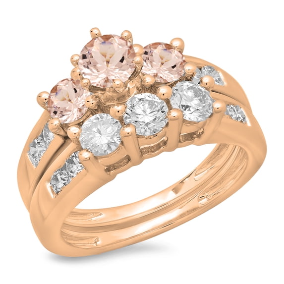 Dazzlingrock Collection 14K Round Morganite & White Diamond Bridal 3 Stone Engagement Ring Set, Rose Gold, Size 5