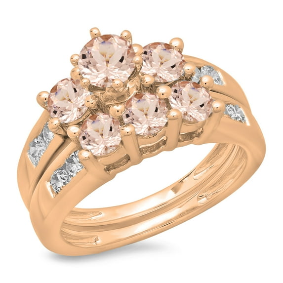Dazzlingrock Collection 14K Round Morganite & White Diamond Bridal 3 Stone Engagement Ring Set, Rose Gold, Size 7.5