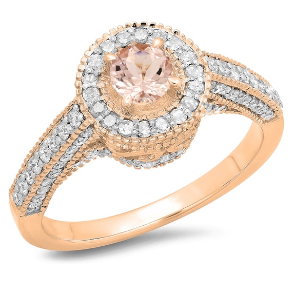 Dazzlingrock Collection 14K Round Morganite & White Diamond Bridal Vintage Halo Style Engagement Ring, Rose Gold, Size 6