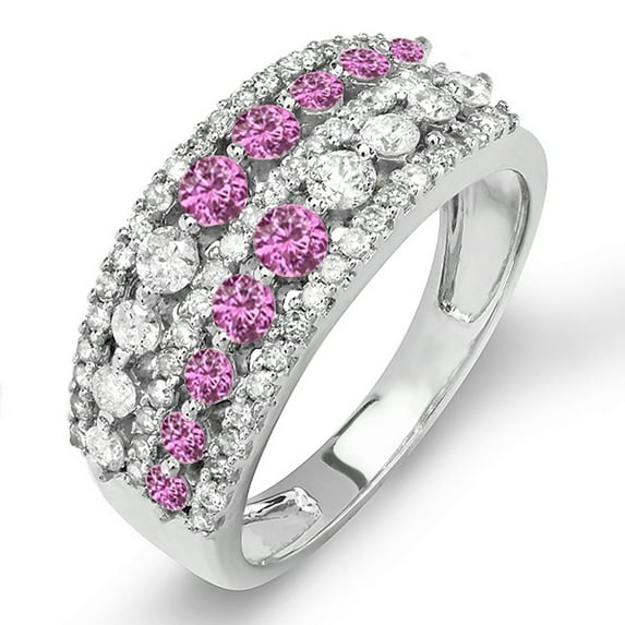Dazzlingrock Collection 14K Round Pink Sapphire And White Diamond Ladies Anniversary Wedding Band, White Gold, Size 5.5