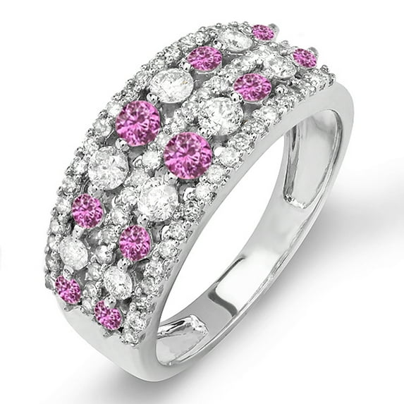 Dazzlingrock Collection 14K Round Pink Sapphire And White Diamond Ladies Anniversary Wedding Band, White Gold, Size 8