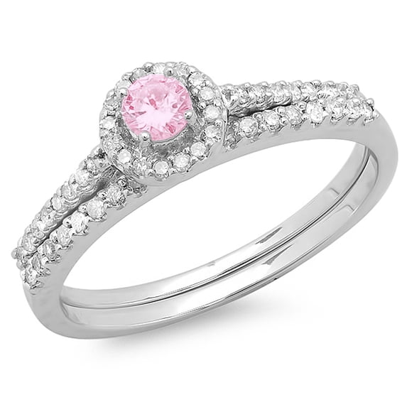 Dazzlingrock Collection 14K Round Pink Sapphire And White Diamond Ladies Bridal Engagement Halo Ring Set, White Gold, Size 5.5
