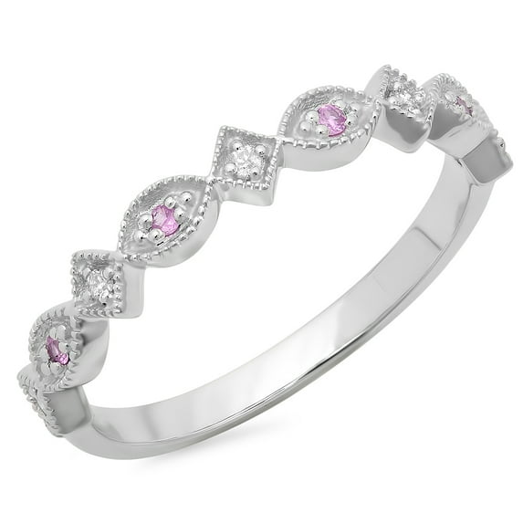 Dazzlingrock Collection 14K Round Pink Sapphire & Diamond Ladies Vintage Style Stackable Wedding Band, White Gold, Size 5