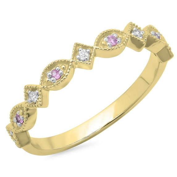 Dazzlingrock Collection 14K Round Pink Sapphire & Diamond Ladies Vintage Style Stackable Wedding Band, Yellow Gold, Size 5.5
