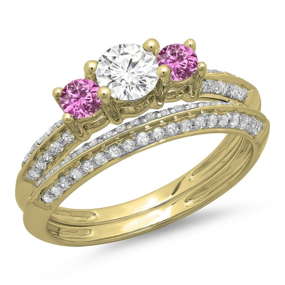 Dazzlingrock Collection 14K Round Pink Sapphire & White Diamond 3 Stone Bridal Engagement Ring Band Set, Yellow Gold, Size 8.5
