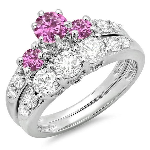 Dazzlingrock Collection 14K Round Pink Sapphire & White Diamond 3 Stone Bridal Engagement Ring Set, White Gold, Size 8