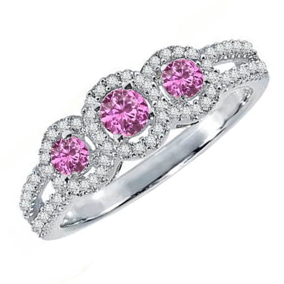 Dazzlingrock Collection 14K Round Pink Sapphire & White Diamond 3 Stone Split Shank Engagement Ring, White Gold, Size 7.5