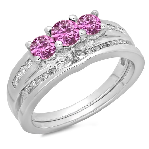 Dazzlingrock Collection 14K Round Pink Sapphire & White Diamond Bridal 3 Stone Engagement Ring Set, White Gold, Size 4.5