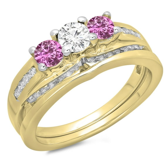 Dazzlingrock Collection 14K Round Pink Sapphire & White Diamond Bridal 3 Stone Engagement Ring Set, Yellow Gold, Size 5.5