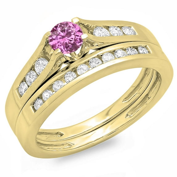 Dazzlingrock Collection 14K Round Pink Sapphire & White Diamond Bridal Engagement Ring Band Set, Yellow Gold, Size 8