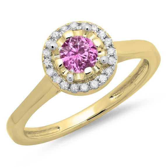Dazzlingrock Collection 14K Round Pink Sapphire & White Diamond Bridal Halo Style Engagement Ring, Yellow Gold, Size 8
