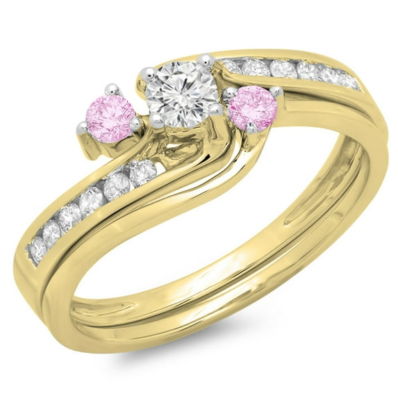 Dazzlingrock Collection 14K Round Pink Sapphire & White Diamond Bridal Swirl Engagement Ring Set, Yellow Gold, Size 5.5