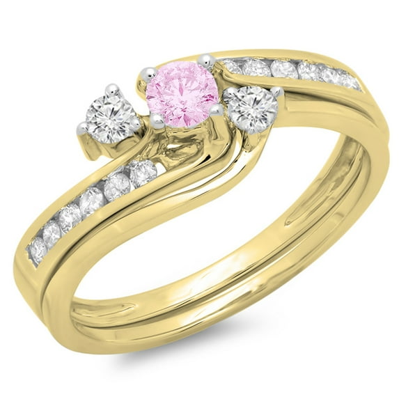 Dazzlingrock Collection 14K Round Pink Sapphire & White Diamond Bridal Swirl Engagement Ring Set, Yellow Gold, Size 8.5