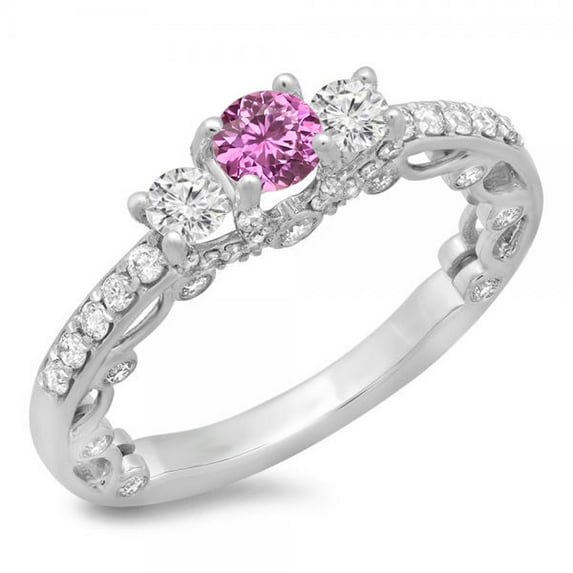 Dazzlingrock Collection 14K Round Pink Sapphire & White Diamond Bridal Vintage 3 Stone Engagement Ring, White Gold, Size 4.5