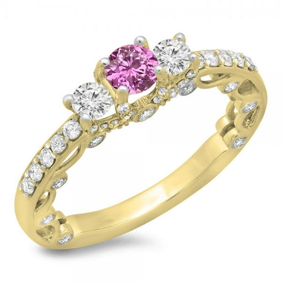 Dazzlingrock Collection 14K Round Pink Sapphire & White Diamond Bridal Vintage 3 Stone Engagement Ring, Yellow Gold, Size 10