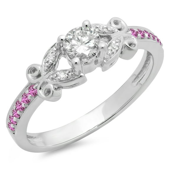 Dazzlingrock Collection 14K Round Pink Sapphire & White Diamond Bridal Vintage Style Engagement Ring, White Gold, Size 4