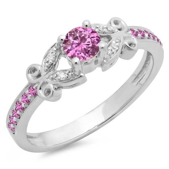 Dazzlingrock Collection 14K Round Pink Sapphire & White Diamond Bridal Vintage Style Engagement Ring, White Gold, Size 7.5