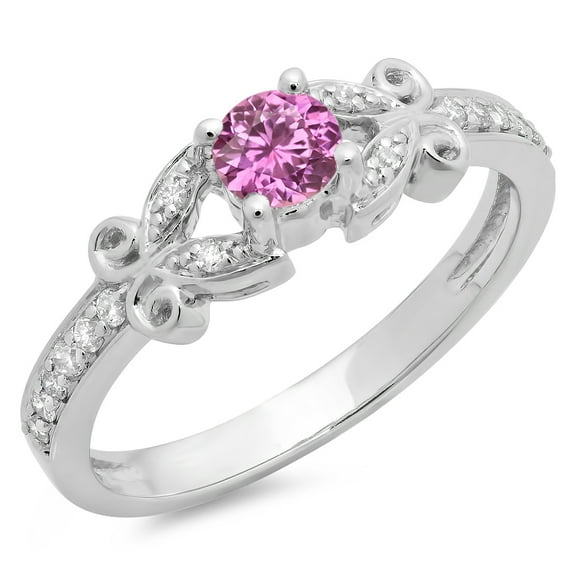 Dazzlingrock Collection 14K Round Pink Sapphire & White Diamond Bridal Vintage Style Engagement Ring, White Gold, Size 7