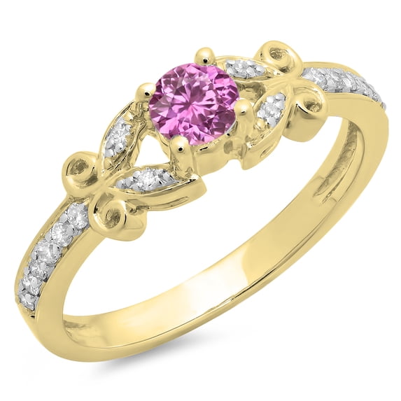 Dazzlingrock Collection 14K Round Pink Sapphire & White Diamond Bridal Vintage Style Engagement Ring, Yellow Gold, Size 7.5
